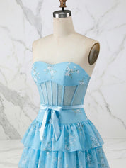 Light Blue Floral Strapless Tiered Corset Long Prom Dress
