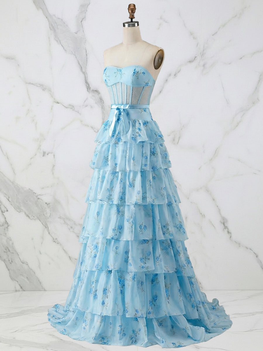 Light Blue Floral Strapless Tiered Corset Long Prom Dress