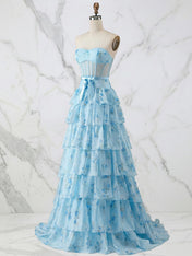 Light Blue Floral Strapless Tiered Corset Long Prom Dress