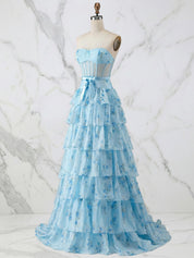 Light Blue Floral Strapless Tiered Corset Long Prom Dress