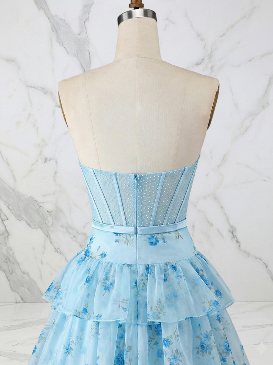 Light Blue Floral Strapless Tiered Corset Long Prom Dress