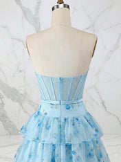 Light Blue Floral Strapless Tiered Corset Long Prom Dress