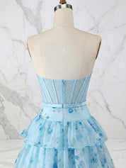 Light Blue Floral Strapless Tiered Corset Long Prom Dress