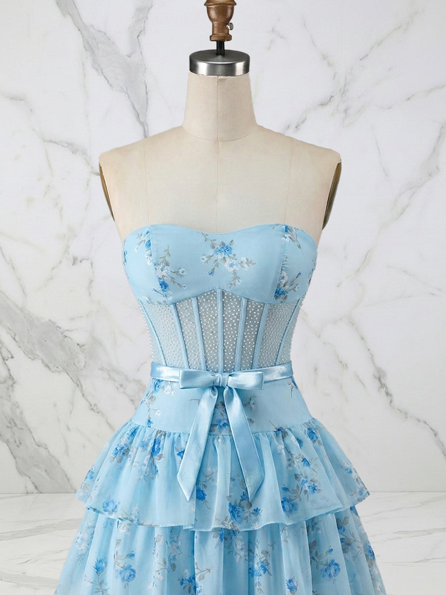 Light Blue Floral Strapless Tiered Corset Long Prom Dress