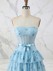 Light Blue Floral Strapless Tiered Corset Long Prom Dress