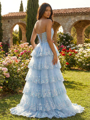 Light Blue Floral Strapless Tiered Corset Prom Dress with Slit