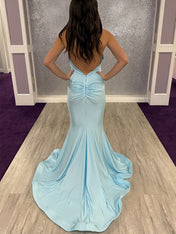 Light Blue Halter Mermaid Prom Dress with Ruffled Plunging V-Neck
