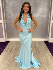 Light Blue Halter Mermaid Prom Dress with Ruffled Plunging V-Neck