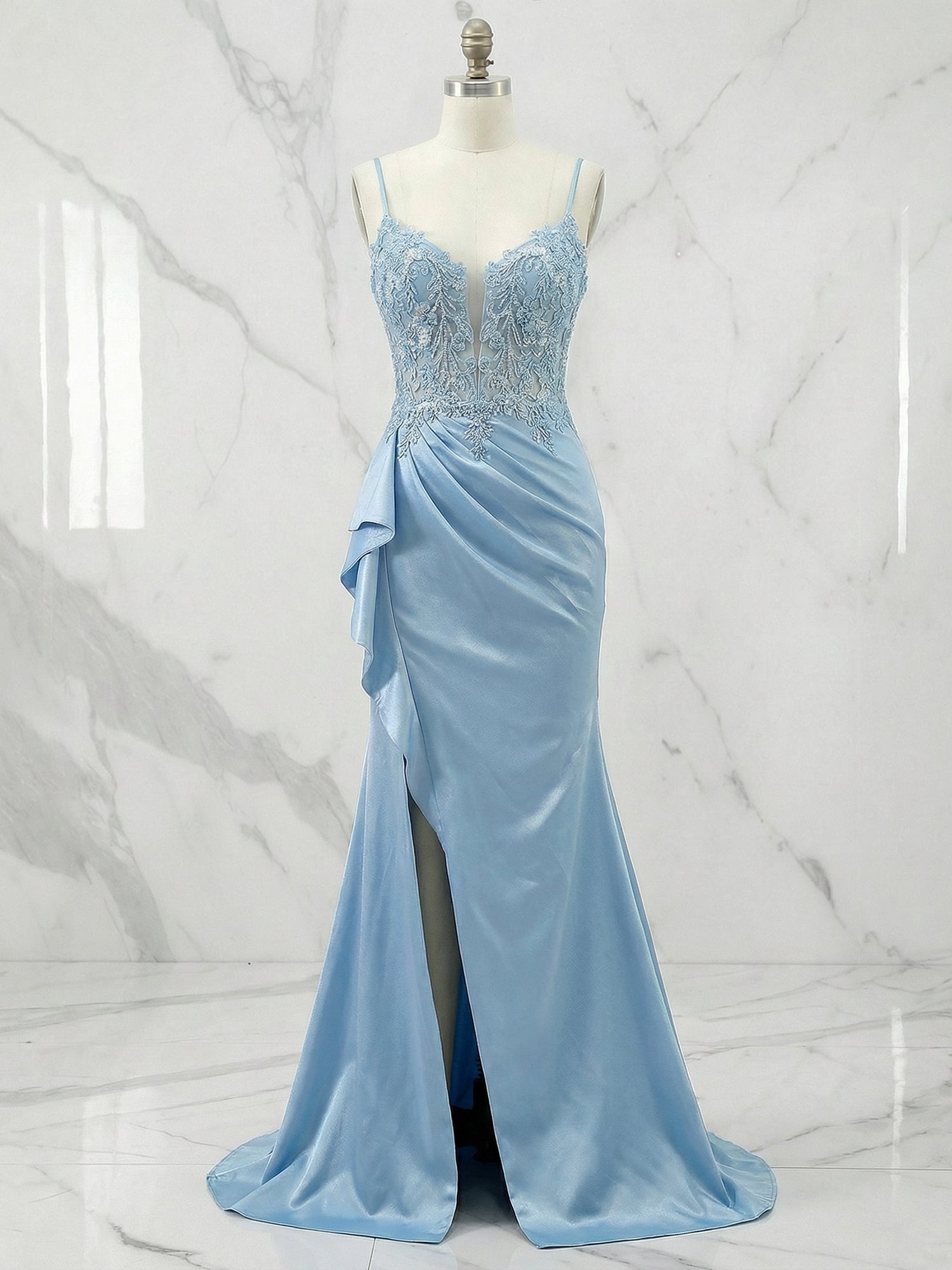 Light Blue Lace Illusion Satin Slit Prom Dresses