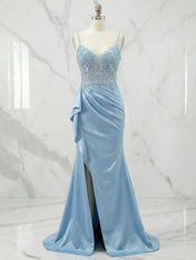 Light Blue Lace Illusion Satin Slit Prom Dresses
