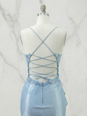 Light Blue Lace Illusion Satin Slit Prom Dresses