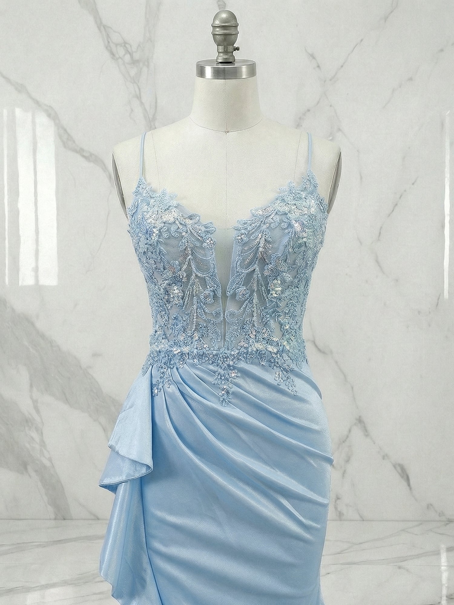 Light Blue Lace Illusion Satin Slit Prom Dresses