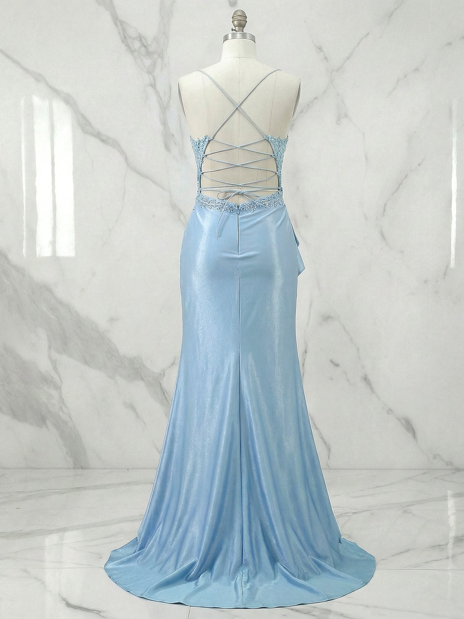 Light Blue Lace Illusion Satin Slit Prom Dresses