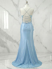 Light Blue Lace Illusion Satin Slit Prom Dresses