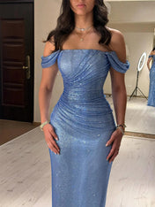 Light Blue Mermaid Off-Shoulder Ruched Long Prom Dress
