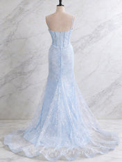 Light Blue Spaghetti Straps Mermaid Long Prom Dress with Beading