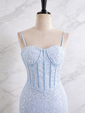 Light Blue Spaghetti Straps Mermaid Long Prom Dress with Beading