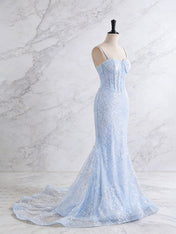 Light Blue Spaghetti Straps Mermaid Long Prom Dress with Beading