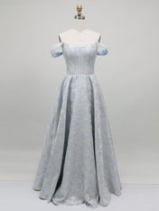 Light Blue Metallic Jacquard Off-the-Shoulder Prom Dress