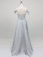 Light Blue Metallic Jacquard Off-the-Shoulder Prom Dress