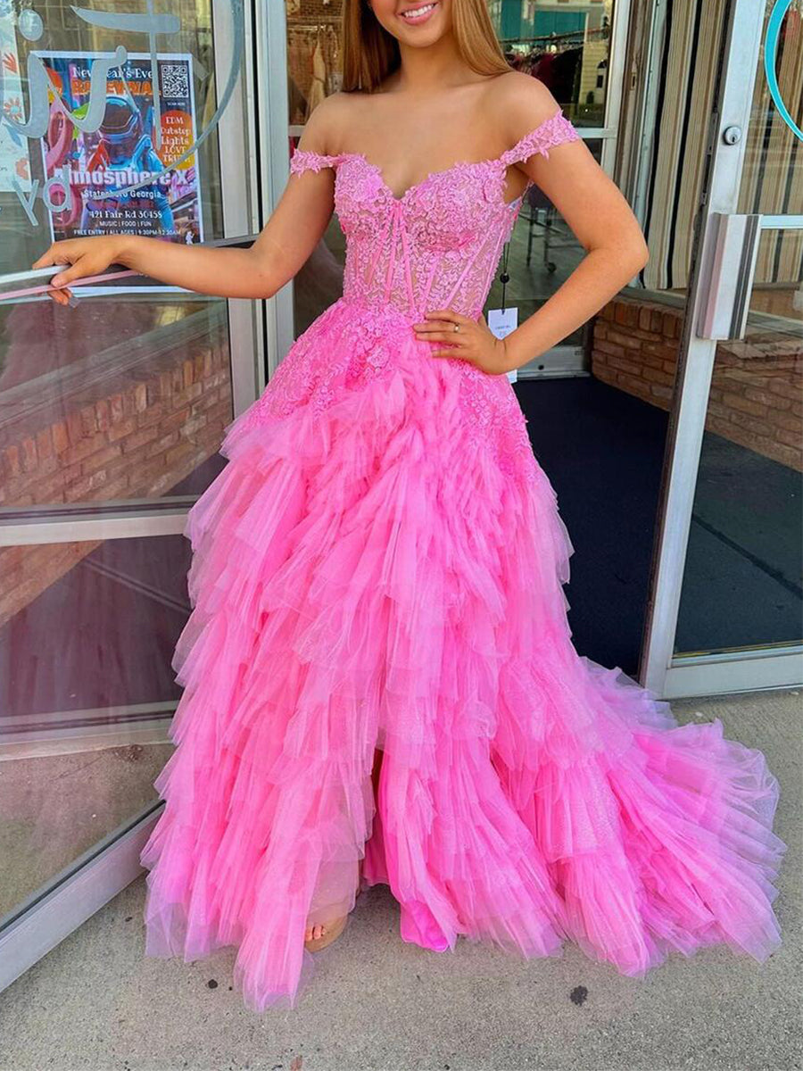 Light Blue Off The Shoulder Tiered Ruffle Corset Long Prom Dress