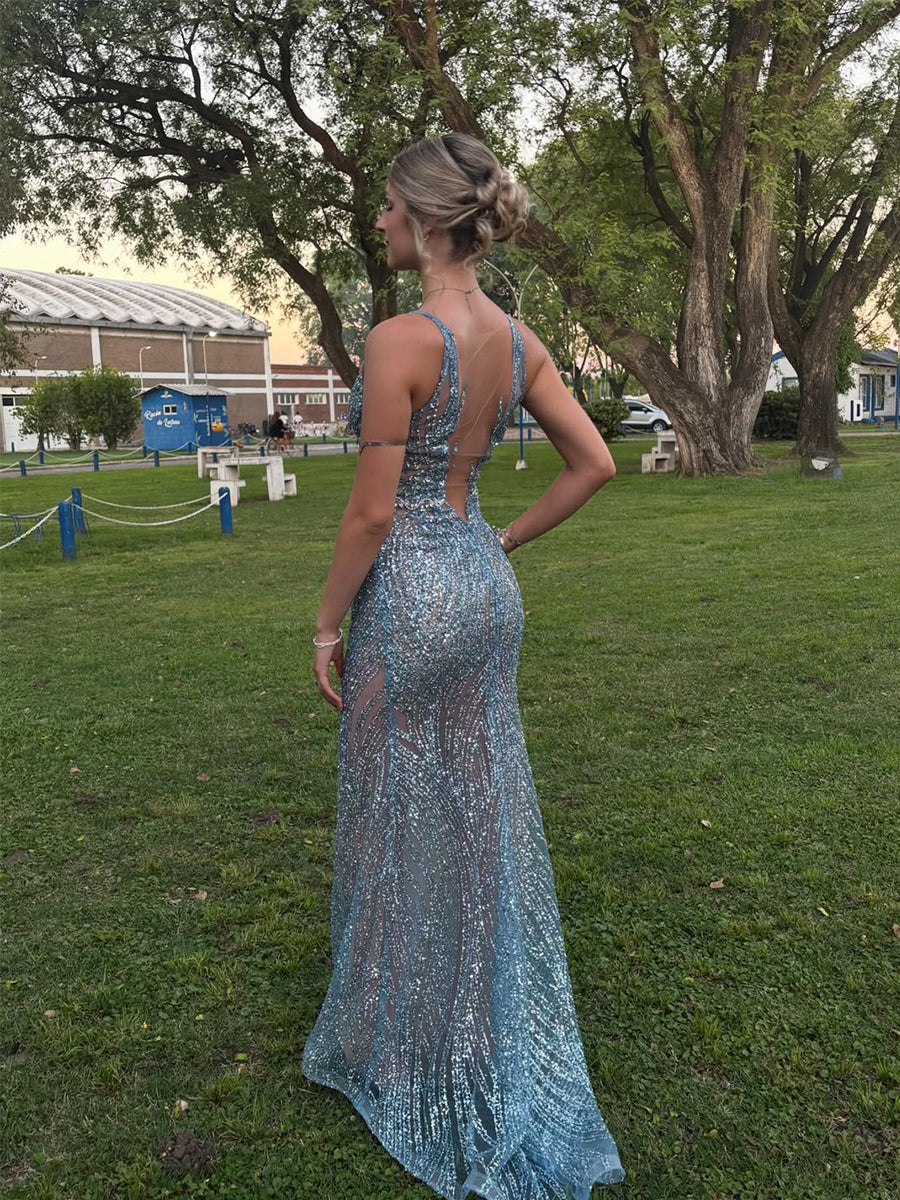 Light Blue Patterned Sequin Deep V-Neck Long Prom Dress