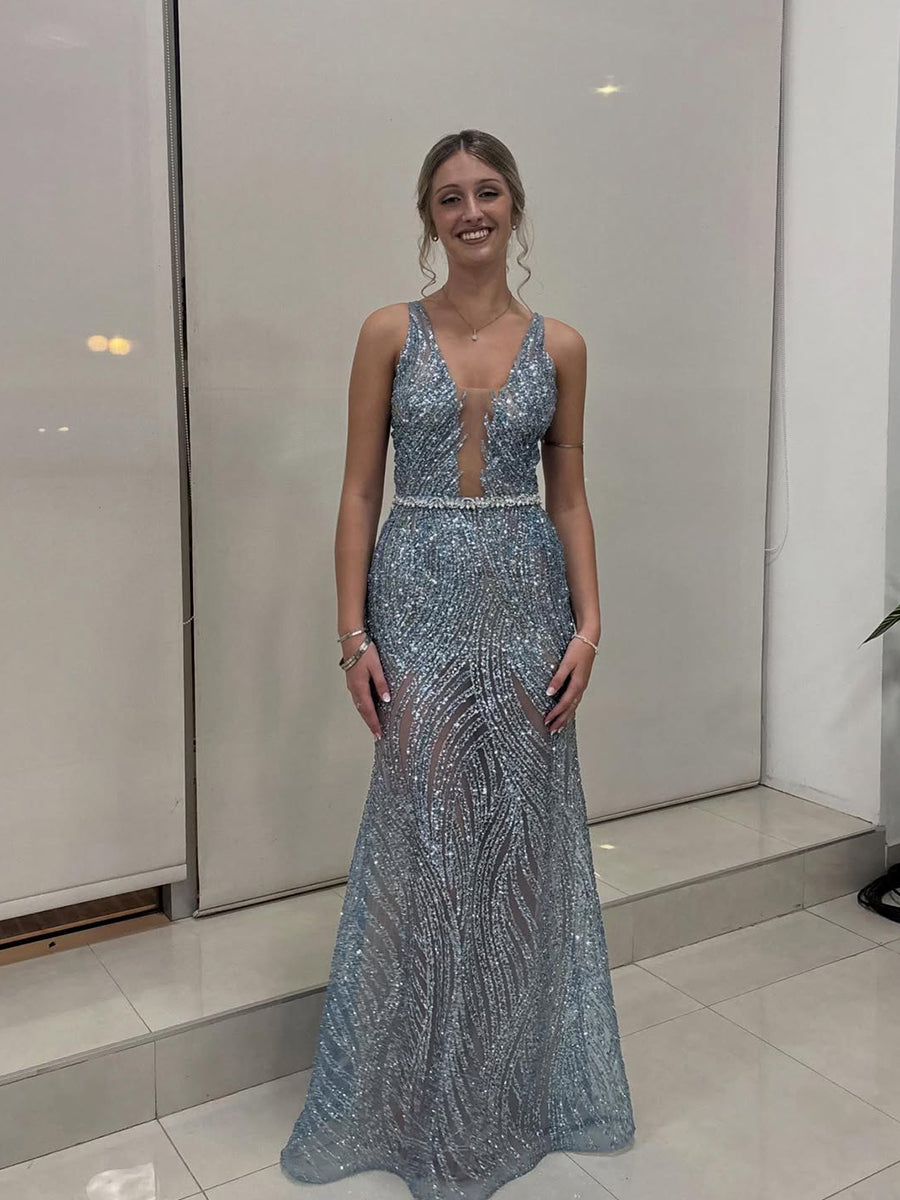 Light Blue Patterned Sequin Deep V-Neck Long Prom Dress