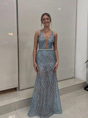 Light Blue Patterned Sequin Deep V-Neck Long Prom Dress