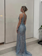 Light Blue Patterned Sequin Deep V-Neck Long Prom Dress