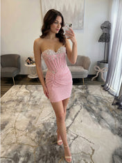 Light Blue Pearl-Embellished Ruched Corset Homecoming Dress