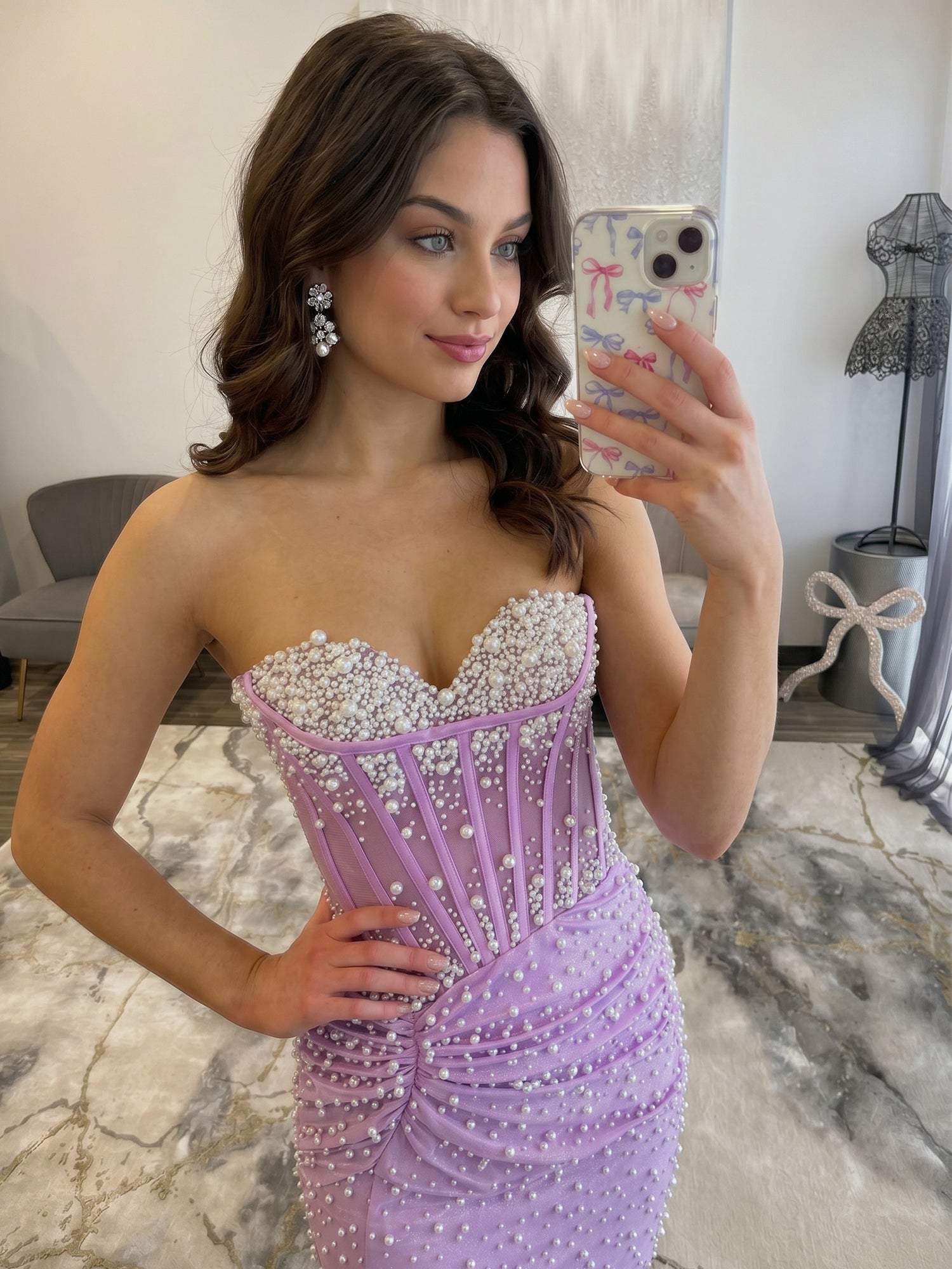 Light Blue Pearl-Embellished Ruched Corset Homecoming Dress