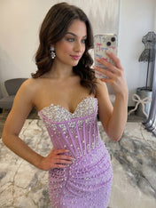 Light Blue Pearl-Embellished Ruched Corset Homecoming Dress