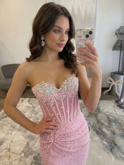 Light Blue Pearl-Embellished Ruched Corset Homecoming Dress