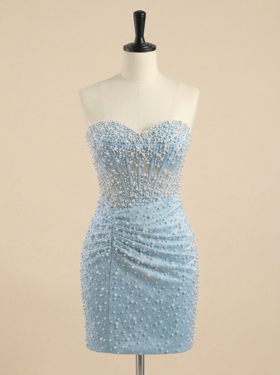 Light Blue Pearl-Embellished Ruched Corset Short Homecoming Dress