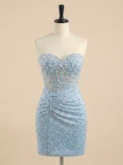 Light Blue Pearl-Embellished Ruched Corset Short Homecoming Dress