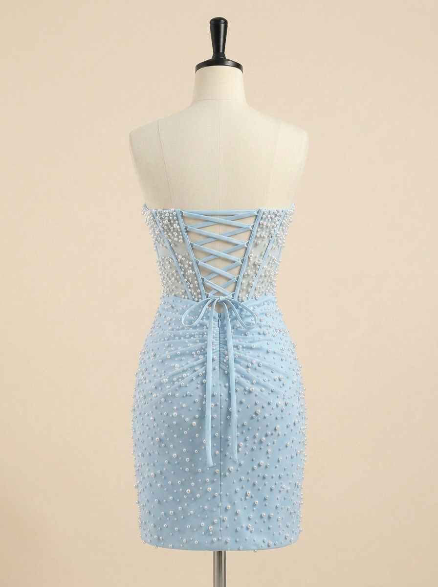 Light Blue Pearl-Embellished Ruched Corset Short Homecoming Dress