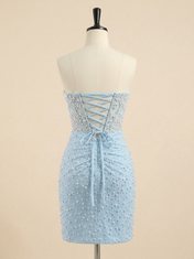 Light Blue Pearl-Embellished Ruched Corset Short Homecoming Dress