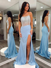 Light Blue Pearl Beaded Corset Satin Prom Dress with Slit