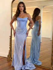 Light Blue Pearl Skirt Corset Prom Dress with Draped Sleeves