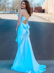 Light Blue Ruffle Bodice Satin Prom Dress with Slit