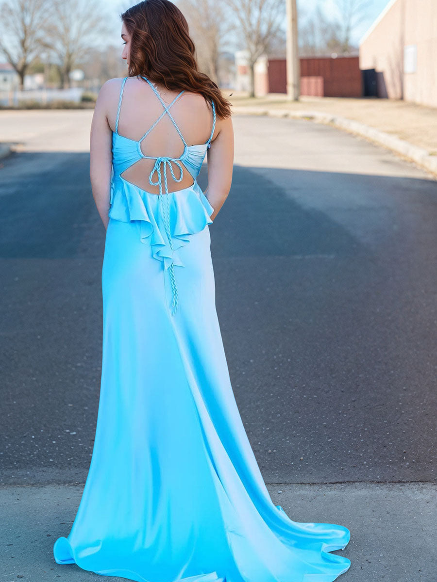 Light Blue Ruffle Bodice Satin Prom Dress with Slit