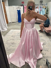 Light Blue Satin Corset A-Line Long Prom Dress with Slit