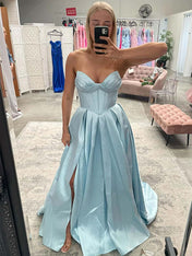 Light Blue Satin Corset A-Line Long Prom Dress with Slit