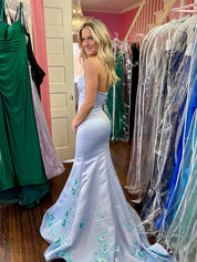 Light Blue Satin Floral Embroidered Hem Mermaid Prom Dress