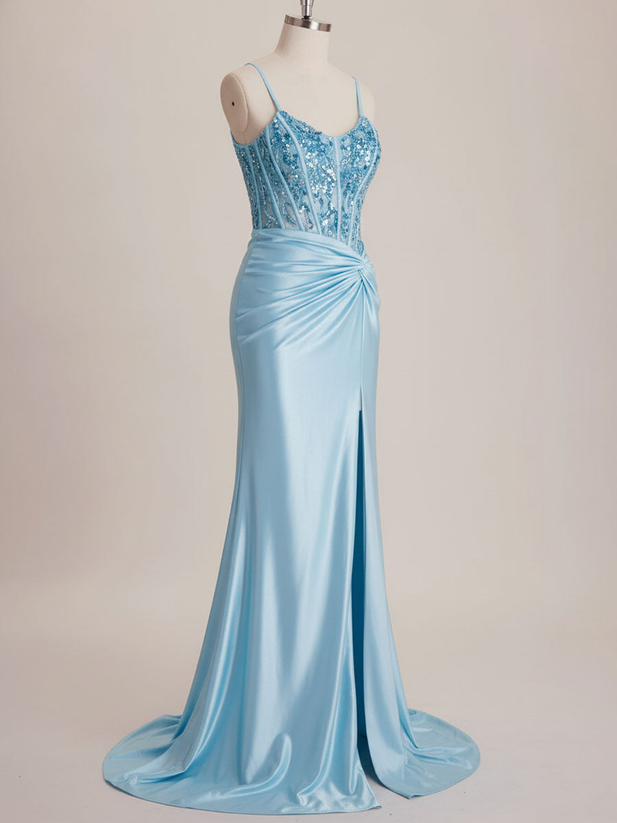 Light Blue Satin Sequin Bodice Twisted Waist Corset Prom Dress with Slit