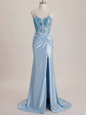 Light Blue Satin Sequin Bodice Twisted Waist Corset Prom Dress with Slit
