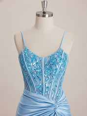 Light Blue Satin Sequin Bodice Twisted Waist Corset Prom Dress with Slit