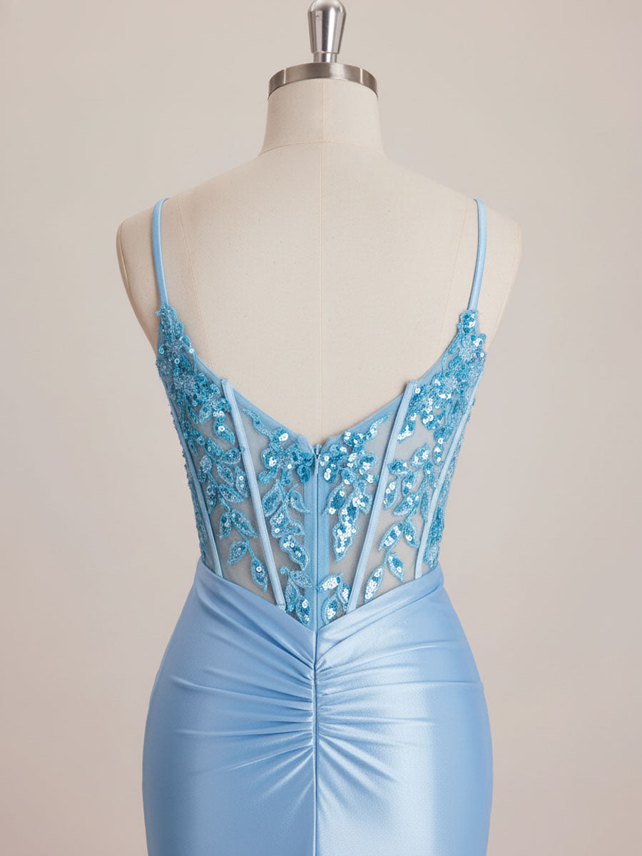Light Blue Satin Sequin Bodice Twisted Waist Corset Prom Dress with Slit