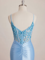 Light Blue Satin Sequin Bodice Twisted Waist Corset Prom Dress with Slit