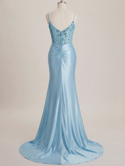 Light Blue Satin Sequin Bodice Twisted Waist Corset Prom Dress with Slit